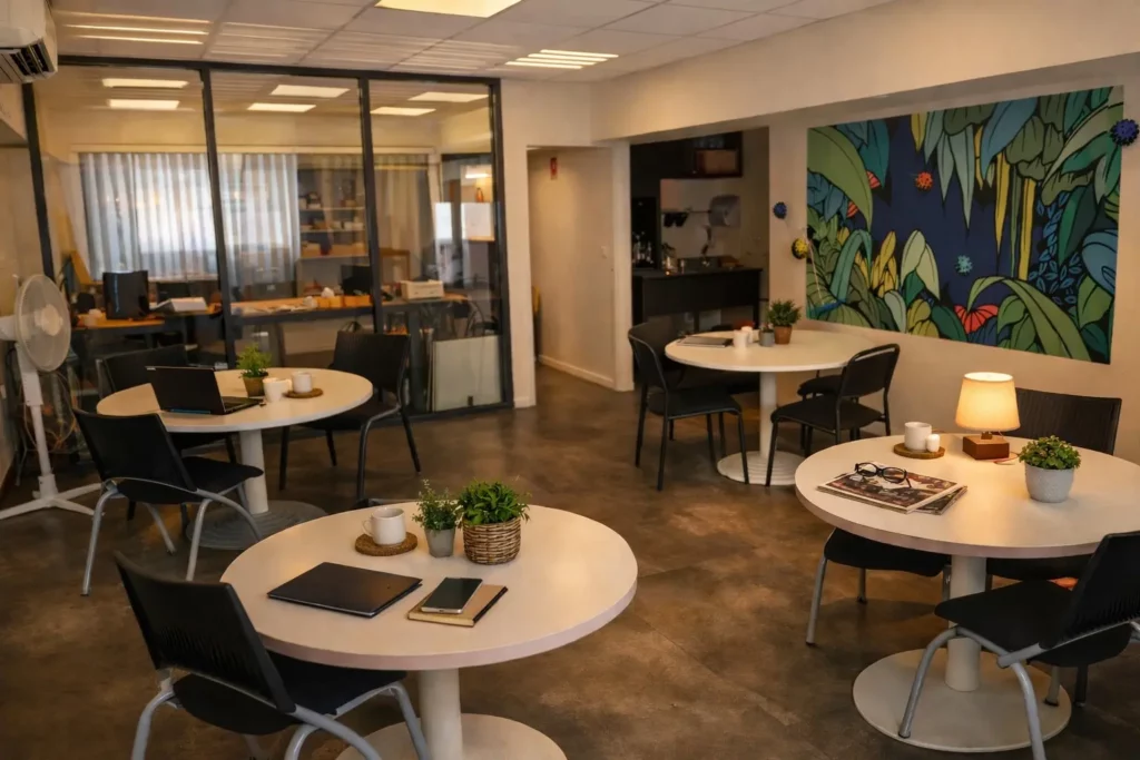 Espace accueil avec coin café dans bureaux à louer à Grenoble, lieu convivial pour échanger entre professionnels